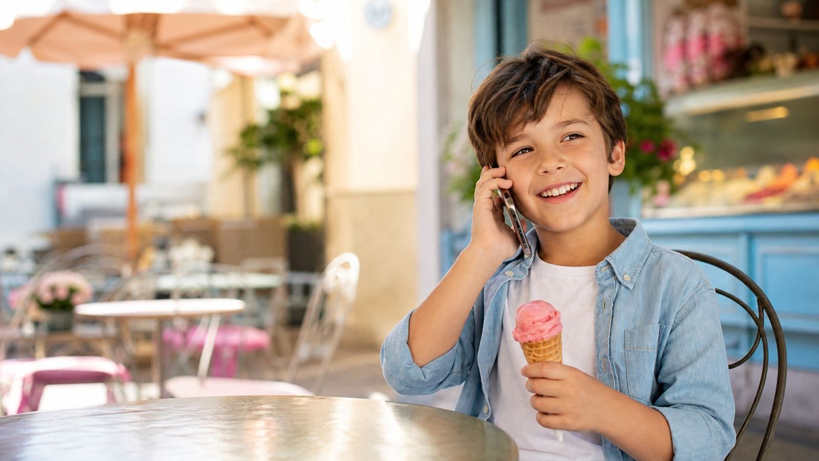 Bambino felice con un gelato al telefono